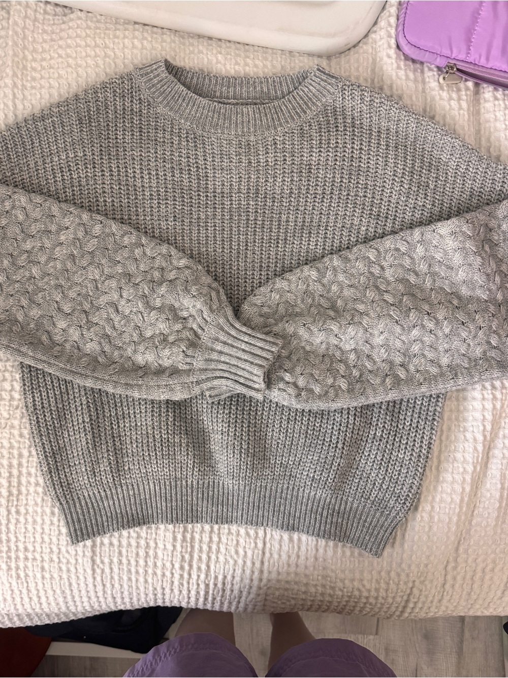 Textured Light Gray Cable-Sleeve Knit Sweater